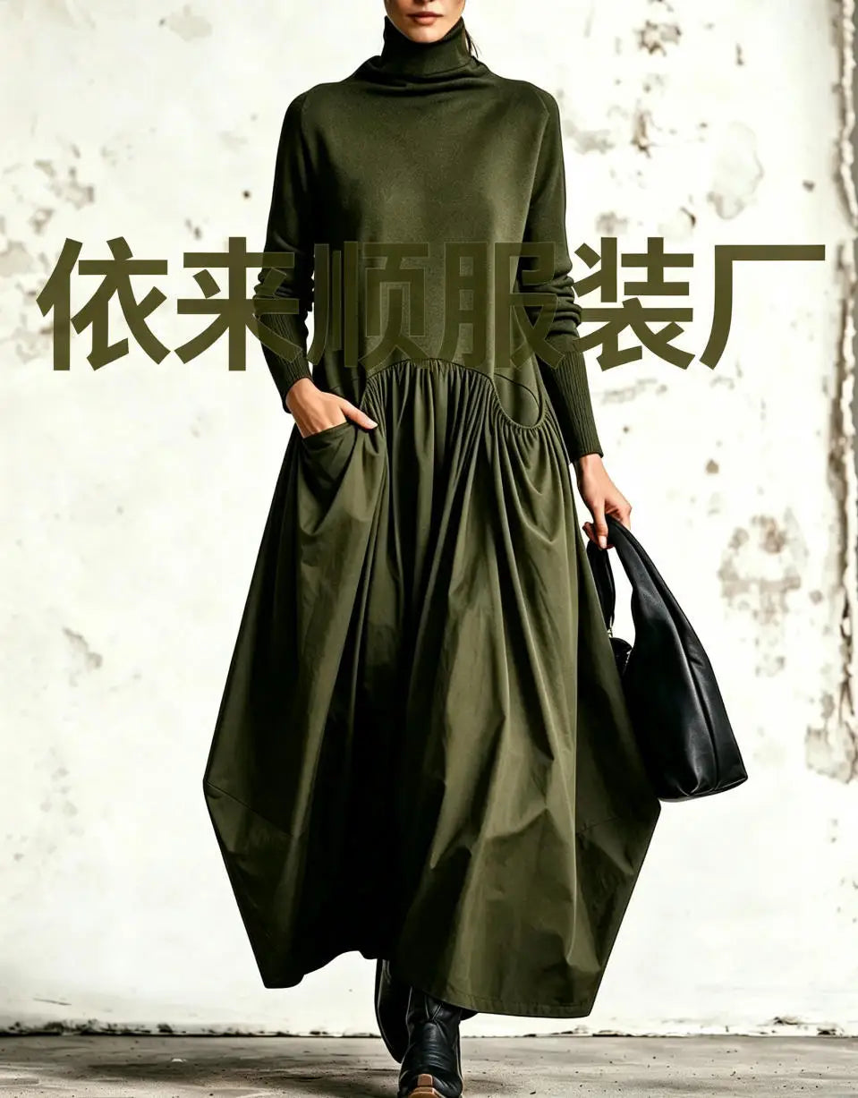 Vestido largo holgado de cuello alto y manga larga - vista 8