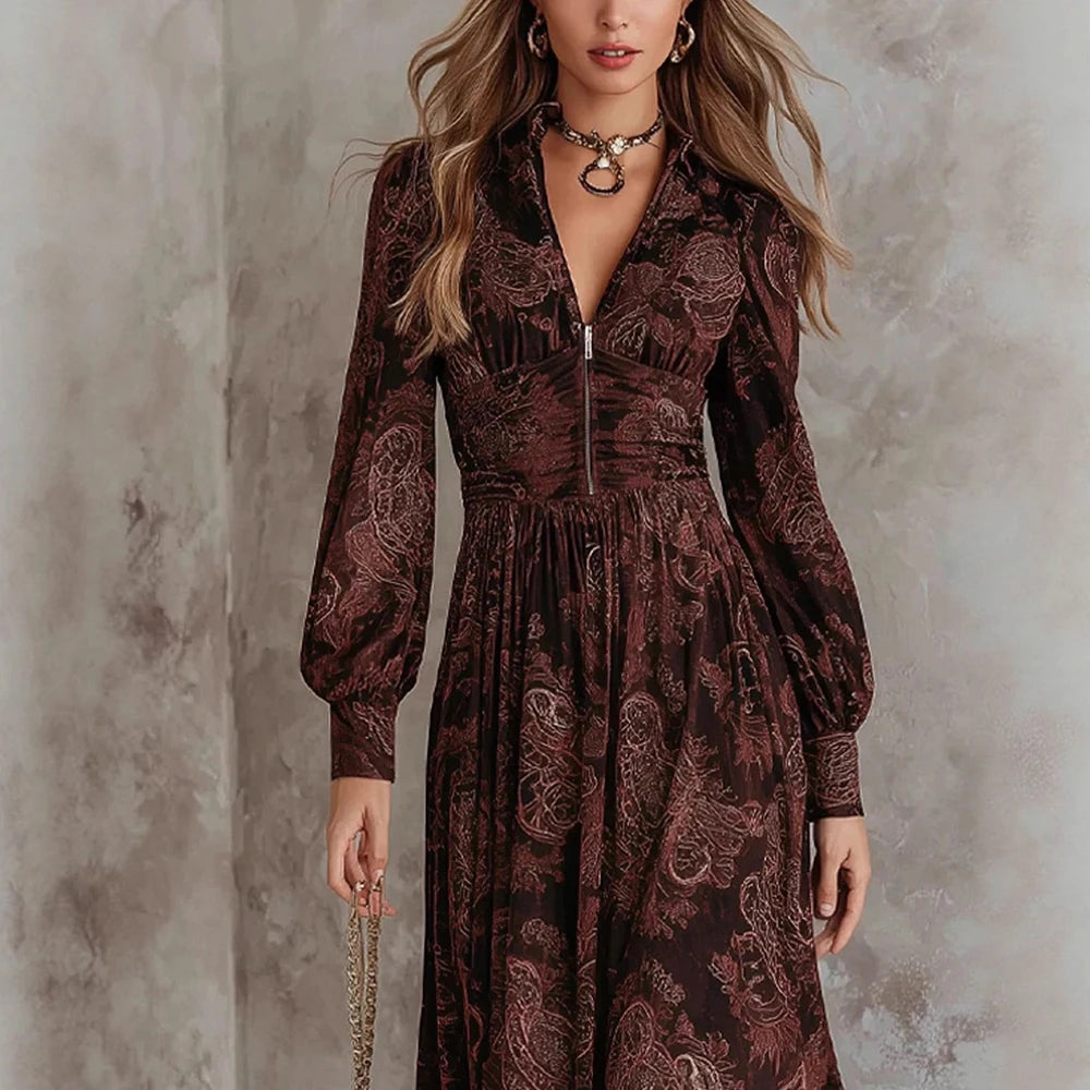 Vestido largo bohemio con estampado de cachemira y mangas abullonadas - Zenvora
