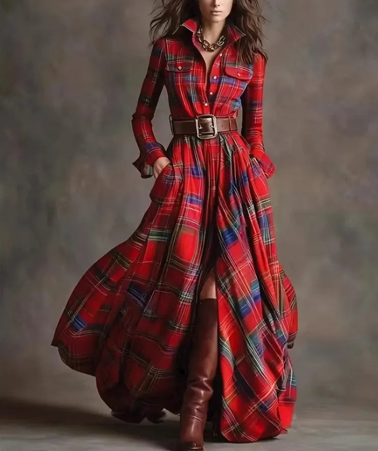 Vestido largo retro de cuadros ajustado con bajo asimétrico - vista 11