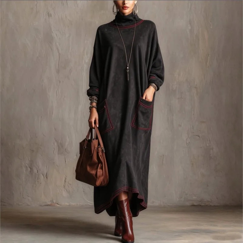 Vestido largo negro de gamuza con cuello alto en contraste - Zenvora