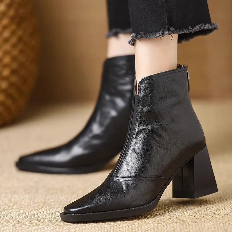 Botines de piel auténtica con tacón de madera y punta cuadrada - Zenvora