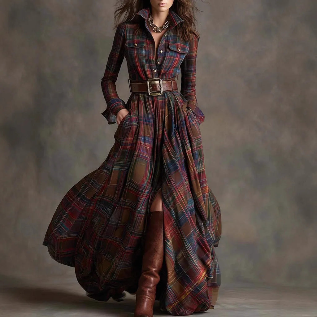 Vestido largo retro de cuadros ajustado con bajo asimétrico - Zenvora