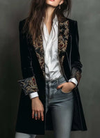 Blazer de terciopelo negro con bordado floral en la solapa - vista 6