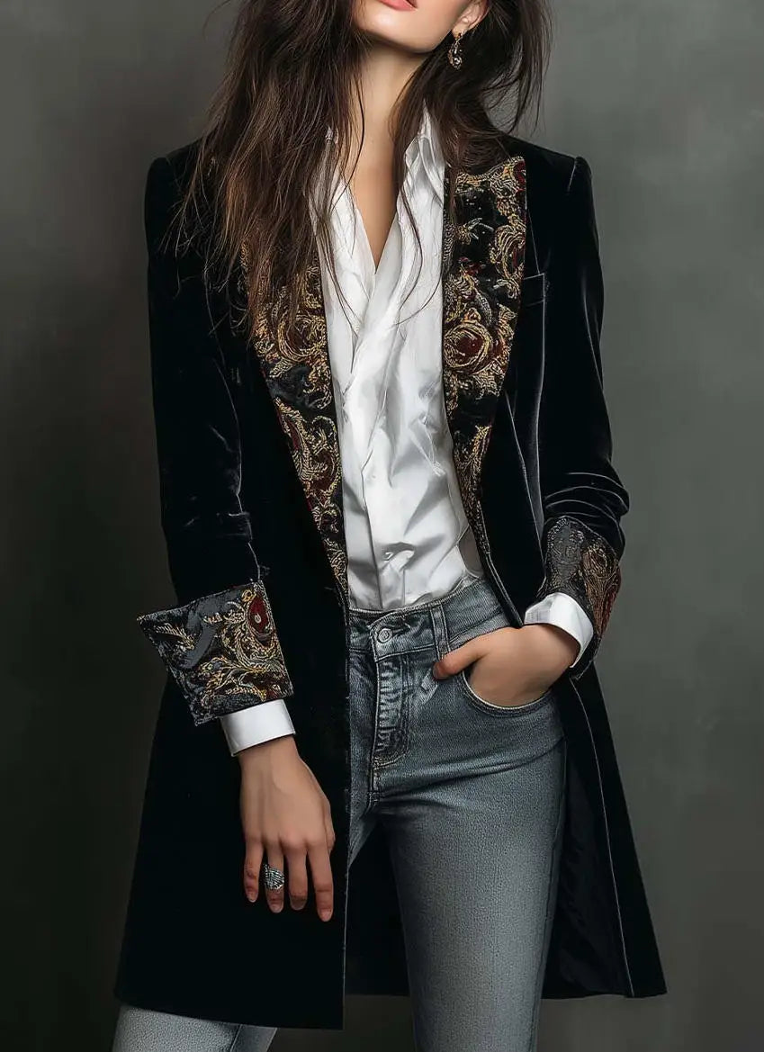 Blazer de terciopelo negro con bordado floral en la solapa - vista 6