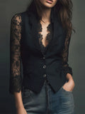 Blusa de mujer con encaje, cuello pico y manga larga - Zenvora