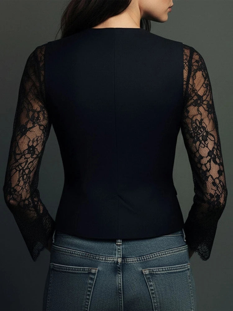 Blusa de mujer con encaje, cuello pico y manga larga - vista 2