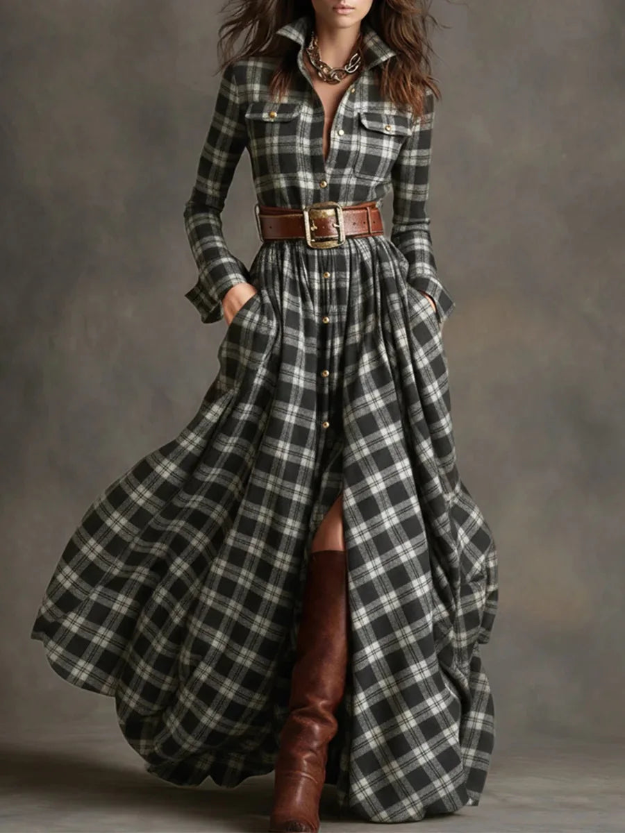 Vestido largo retro de cuadros ajustado con bajo asimétrico - vista 6
