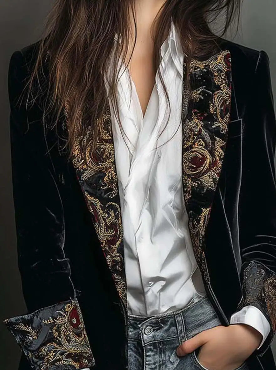 Blazer de terciopelo negro con bordado floral en la solapa - vista 5