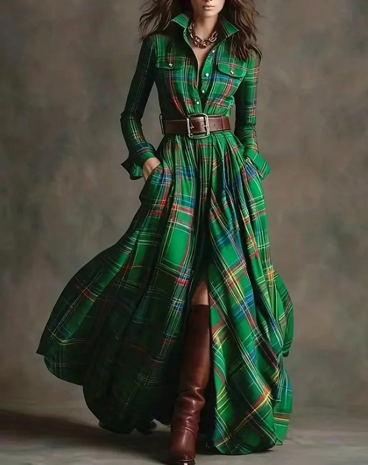 Vestido largo retro de cuadros ajustado con bajo asimétrico - vista 10