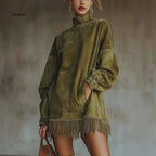 Vestido midi efecto ante con flecos y cuello alto - Zenvora