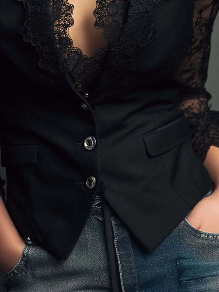 Blusa de mujer con encaje, cuello pico y manga larga - vista 6