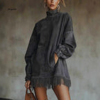 Vestido midi efecto ante con flecos y cuello alto - vista 2