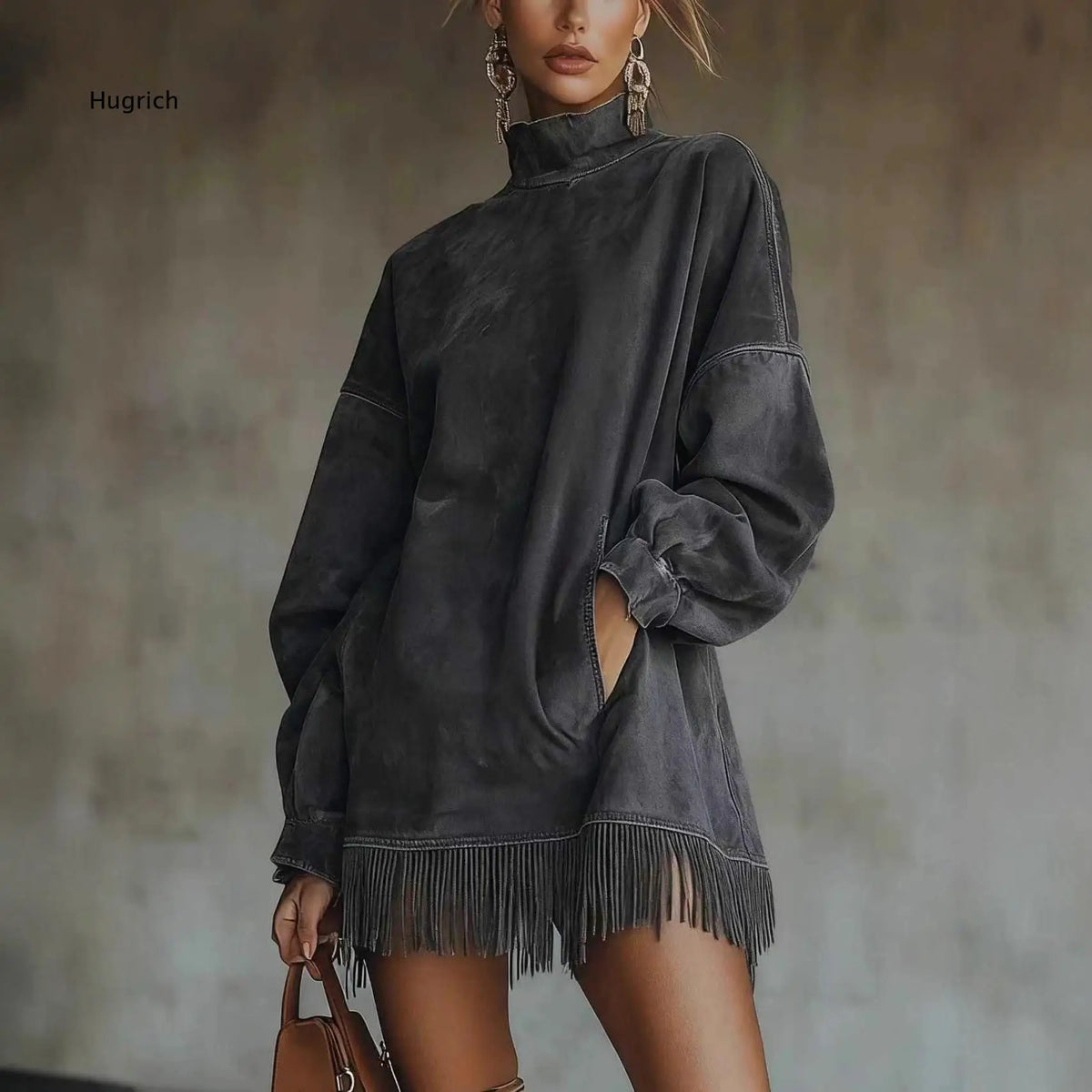 Vestido midi efecto ante con flecos y cuello alto - vista 2