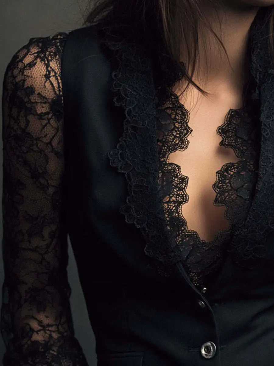 Blusa de mujer con encaje, cuello pico y manga larga - vista 5
