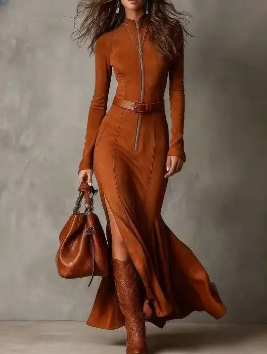 Vestido largo de punto con cuello solapa y cremallera delantera - vista 3
