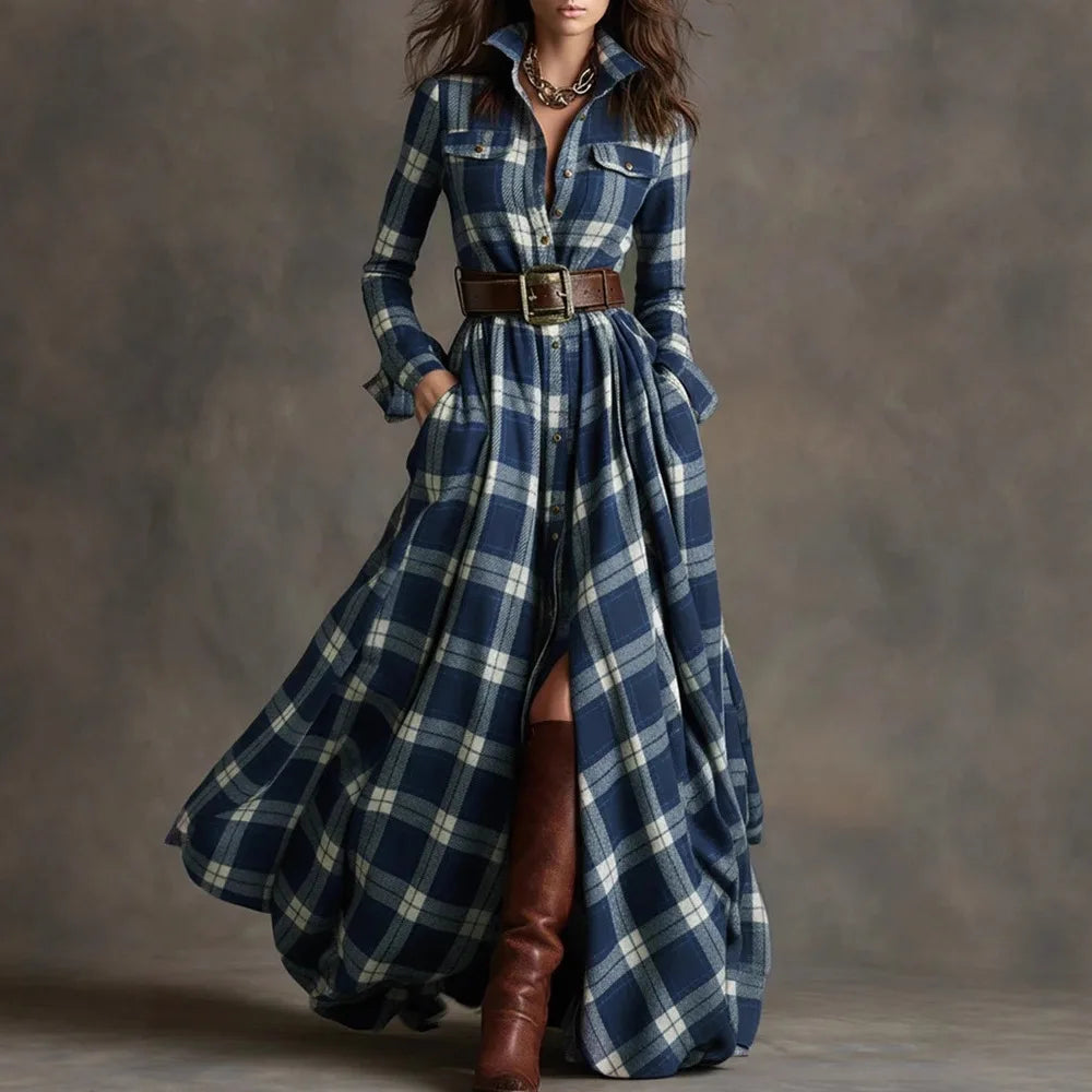 Vestido largo retro de cuadros ajustado con bajo asimétrico - vista 4