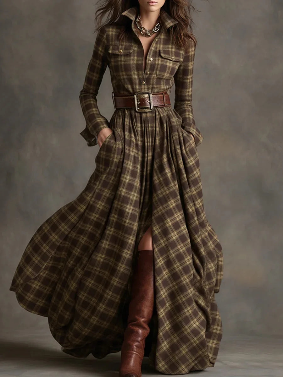 Vestido largo retro de cuadros ajustado con bajo asimétrico - vista 8