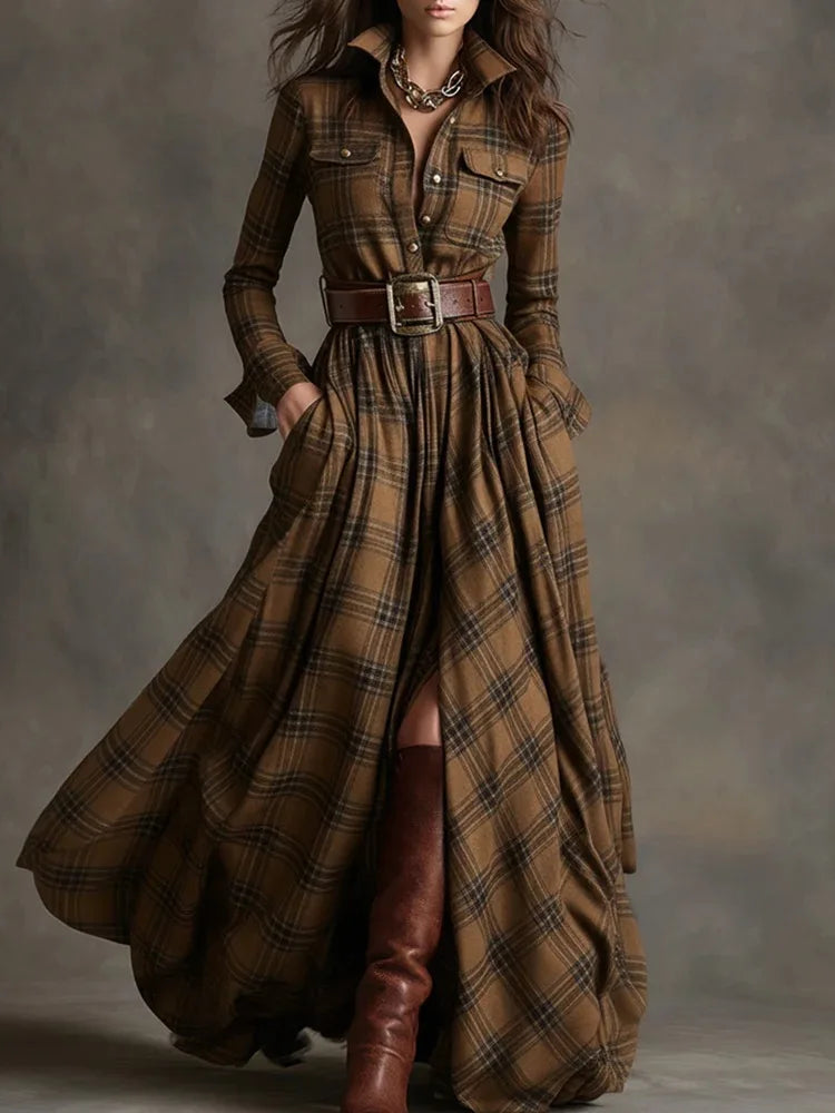 Vestido largo retro de cuadros ajustado con bajo asimétrico - vista 12