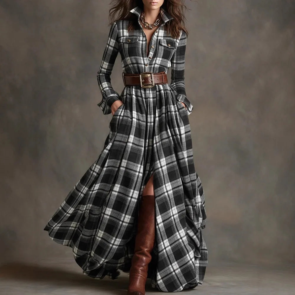 Vestido largo retro de cuadros ajustado con bajo asimétrico - vista 5