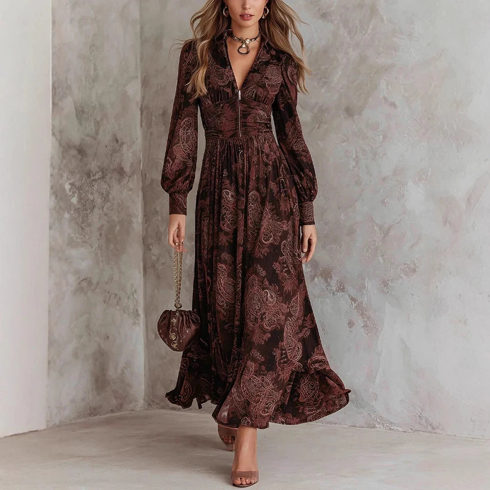 Vestido largo bohemio con estampado de cachemira y mangas abullonadas - vista 3