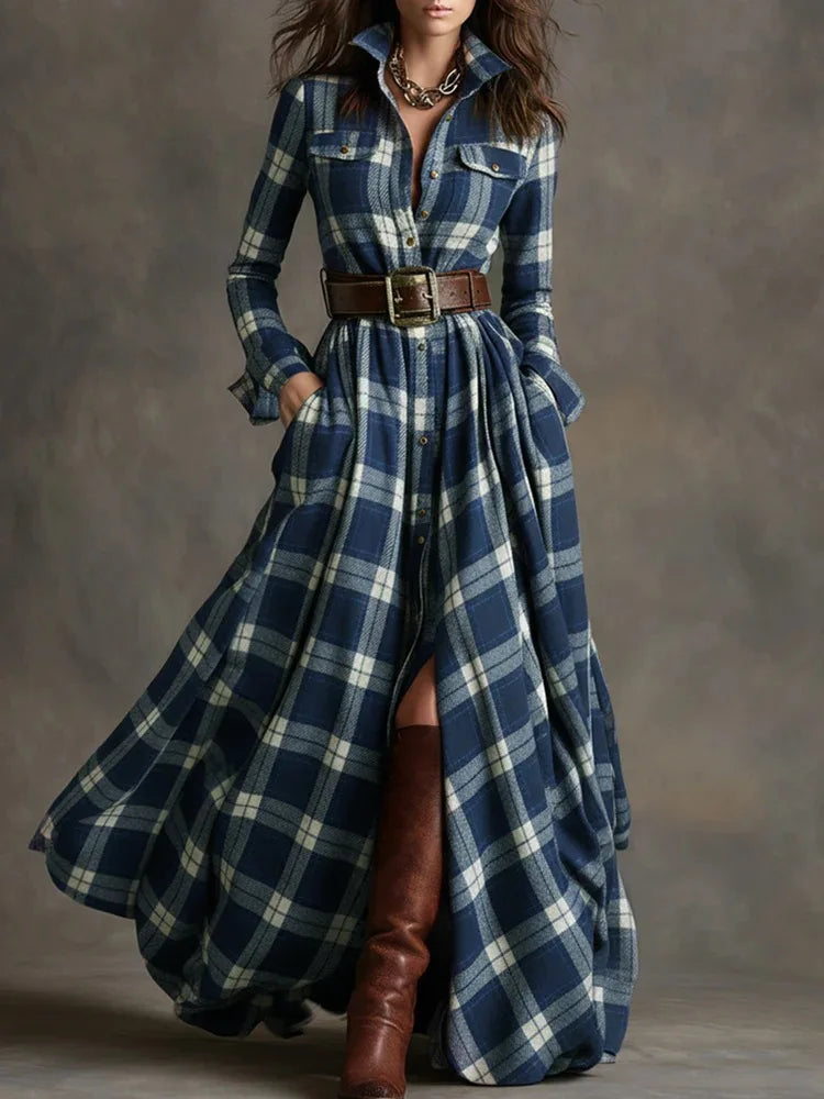 Vestido largo retro de cuadros ajustado con bajo asimétrico - vista 15