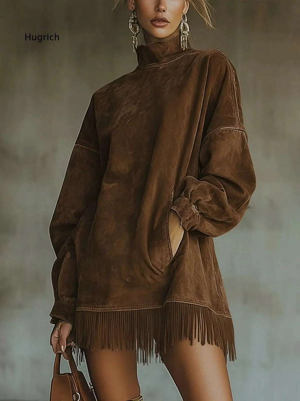 Vestido midi efecto ante con flecos y cuello alto - vista 3