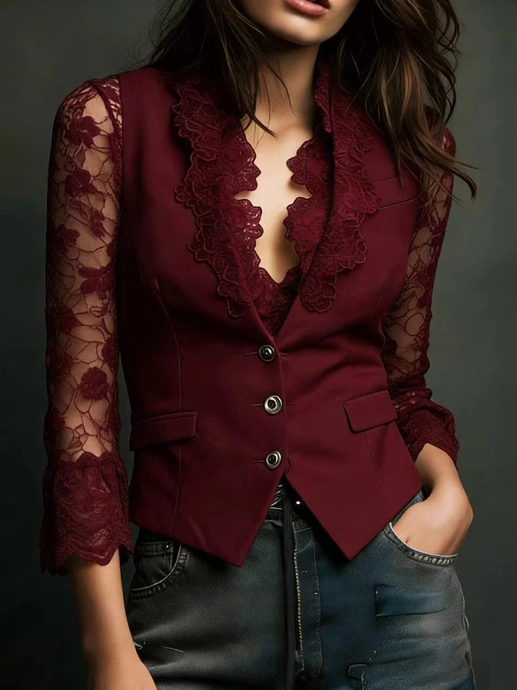 Blusa de mujer con encaje, cuello pico y manga larga - vista 8
