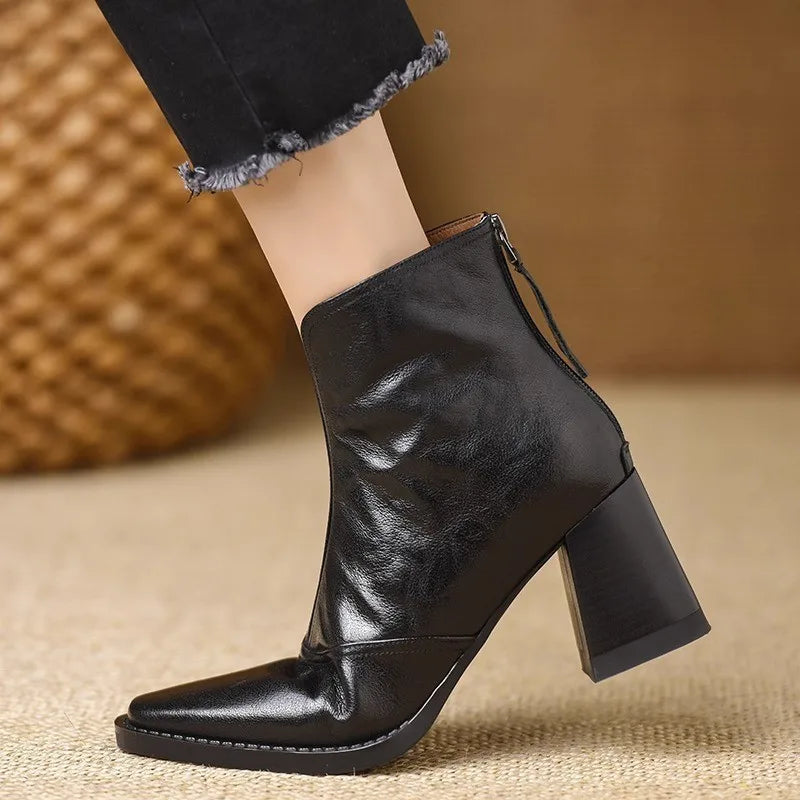 Botines de piel auténtica con tacón de madera y punta cuadrada - vista 5