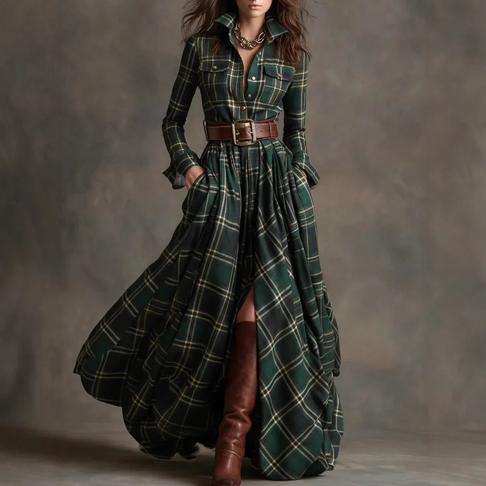 Vestido largo retro de cuadros ajustado con bajo asimétrico - vista 2