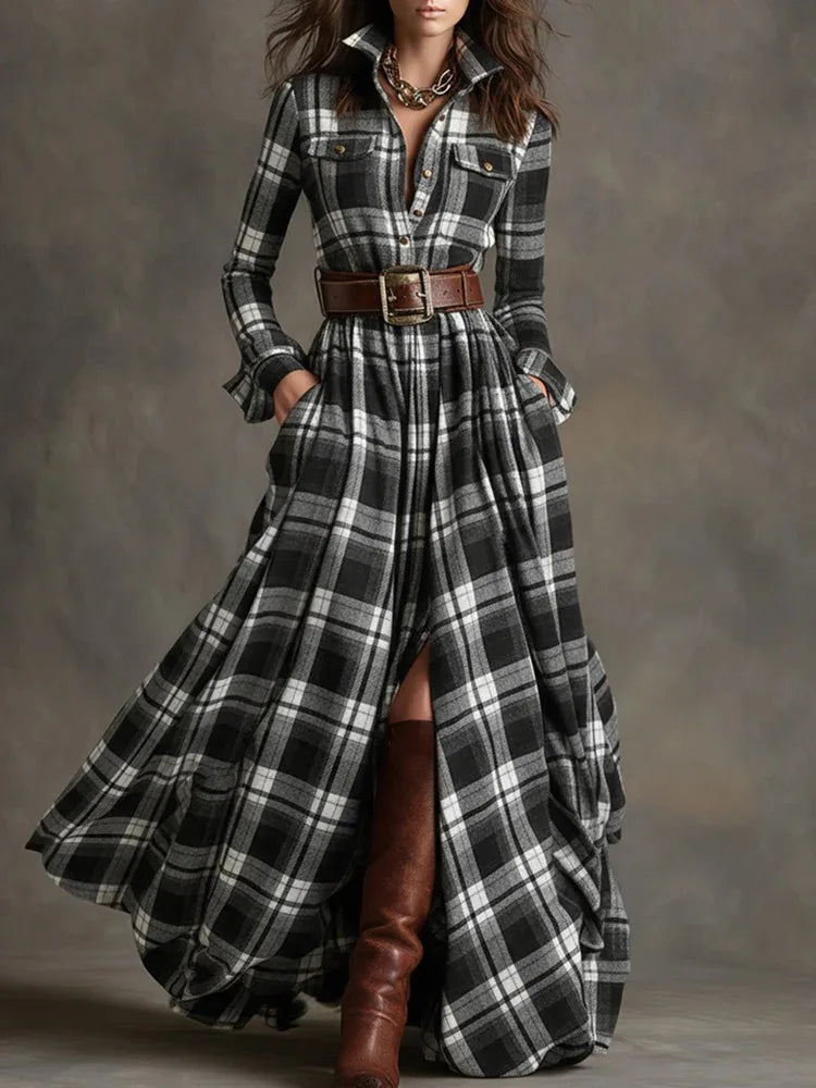 Vestido largo retro de cuadros ajustado con bajo asimétrico - vista 13