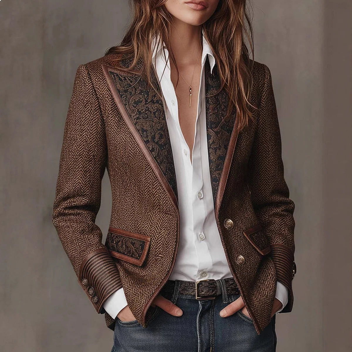 Chaqueta de lana con cuello sastre en color contraste - Zenvora