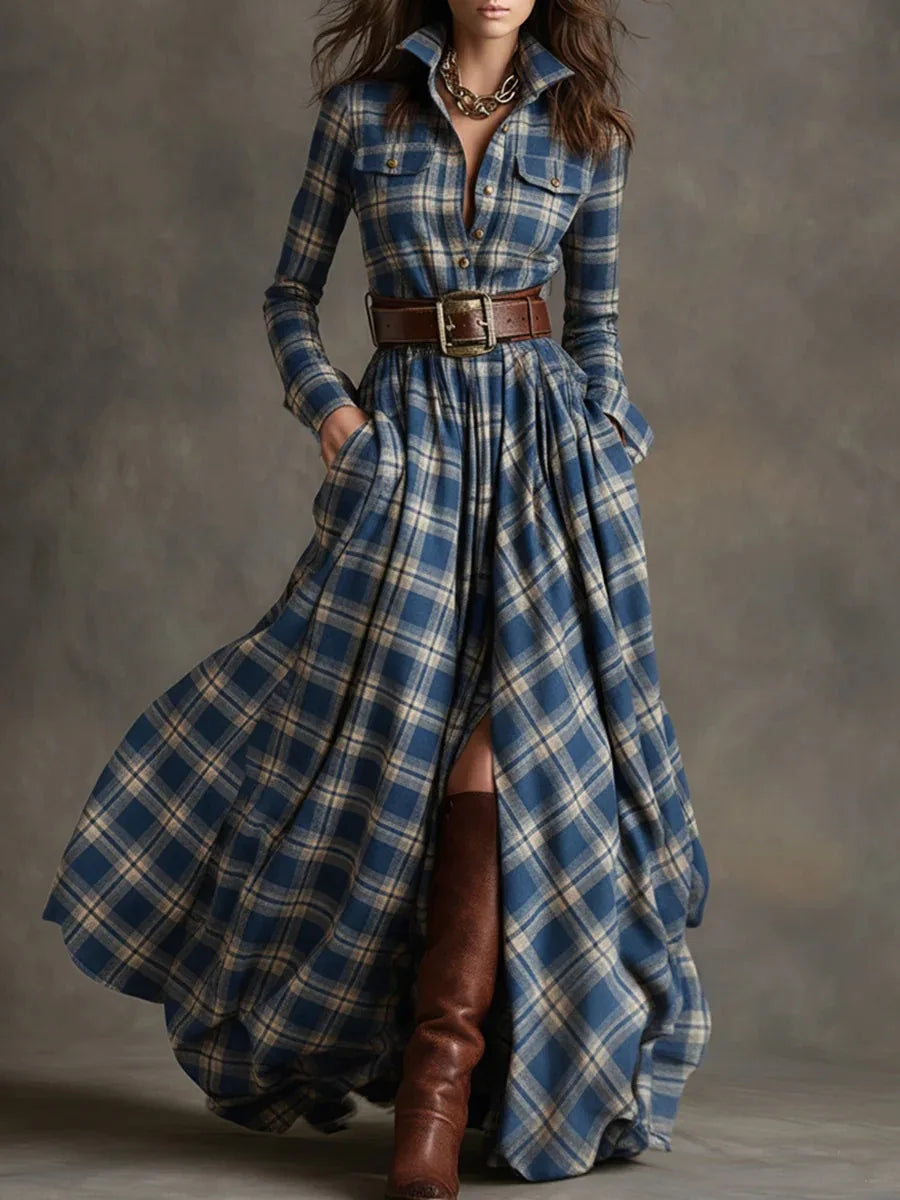 Vestido largo retro de cuadros ajustado con bajo asimétrico - vista 9