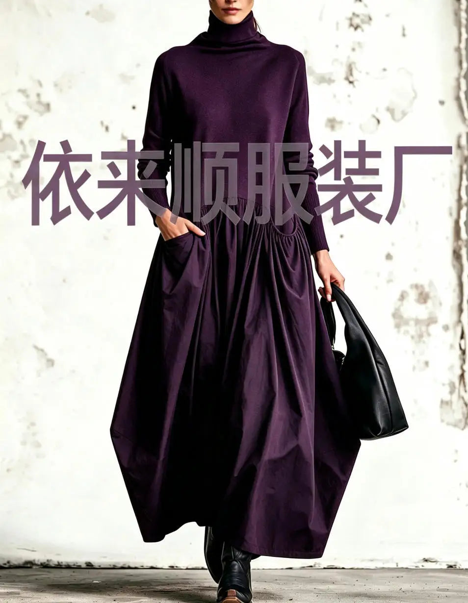 Vestido largo holgado de cuello alto y manga larga - vista 9