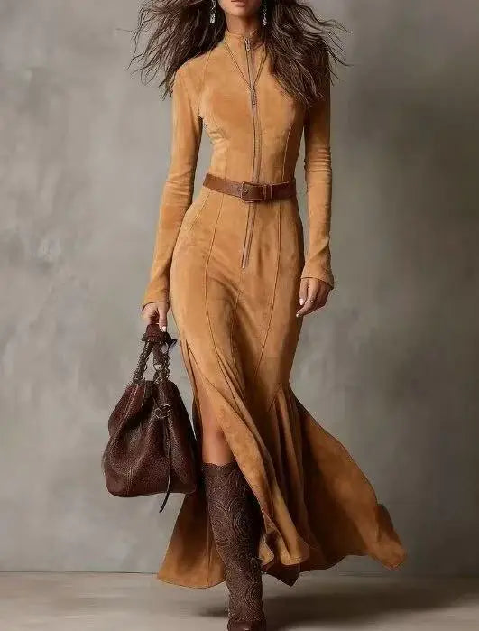 Vestido largo de punto con cuello solapa y cremallera delantera - vista 2