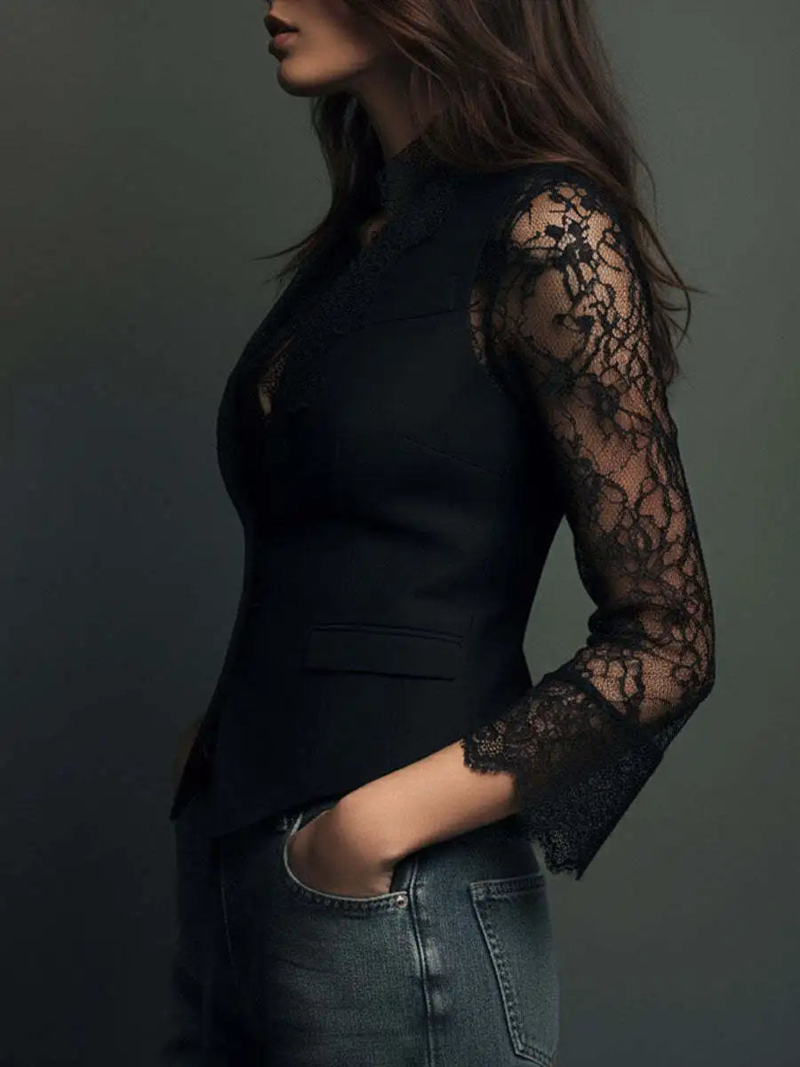 Blusa de mujer con encaje, cuello pico y manga larga - vista 4