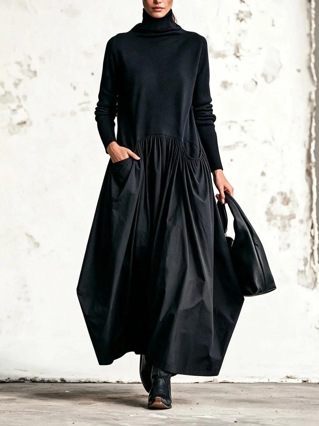 Vestido largo holgado de cuello alto y manga larga - vista 7