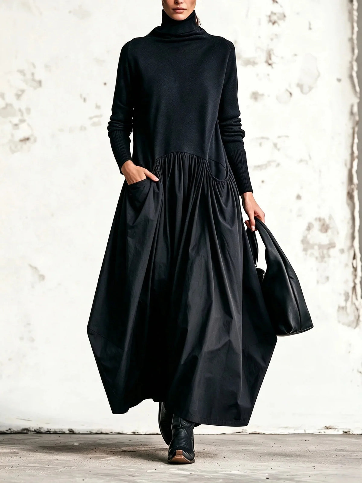 Vestido largo holgado de cuello alto y manga larga - vista 7